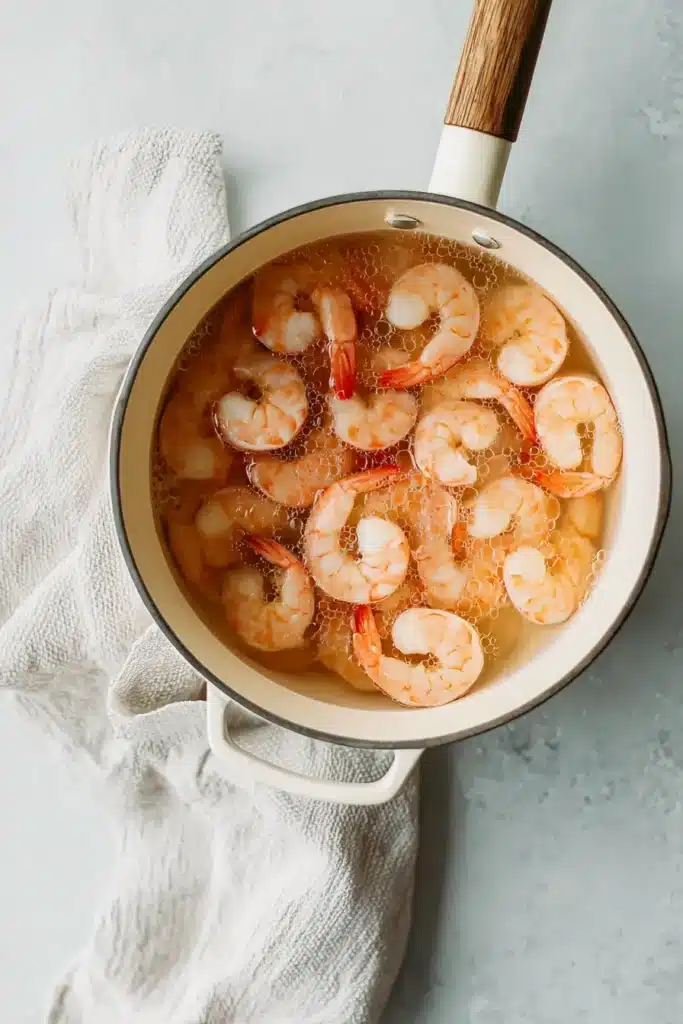 Cucumber Shrimp Salad 3 Cooked shrimp for Cucumber Shrimp Salad in a saucepan