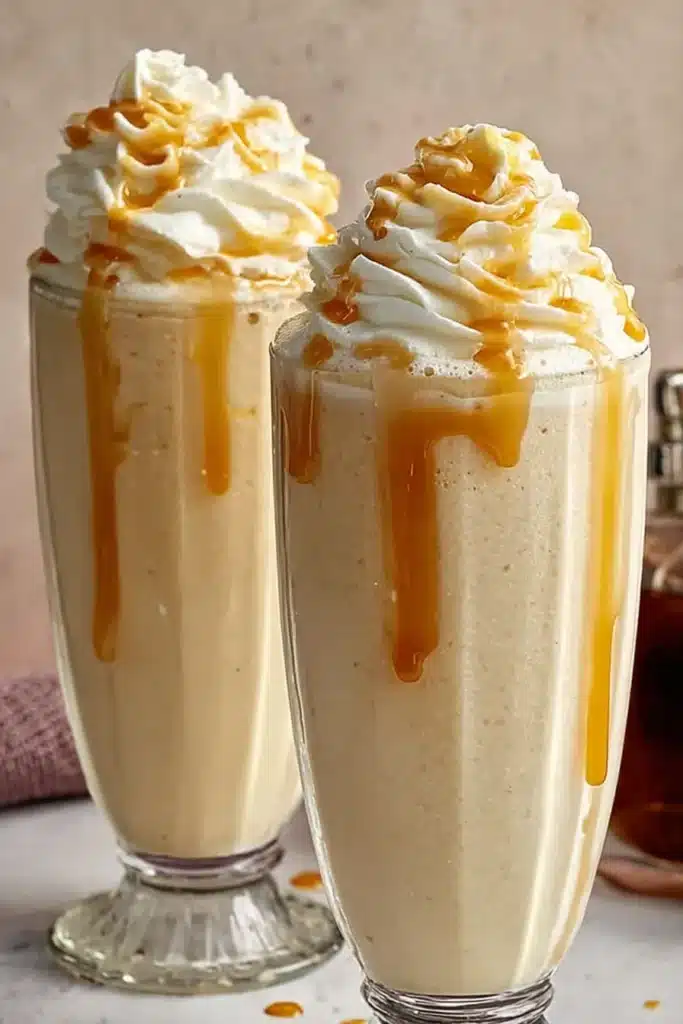 Creamy Frozen Butterbeer with whipped cream and butterscotch drizzle