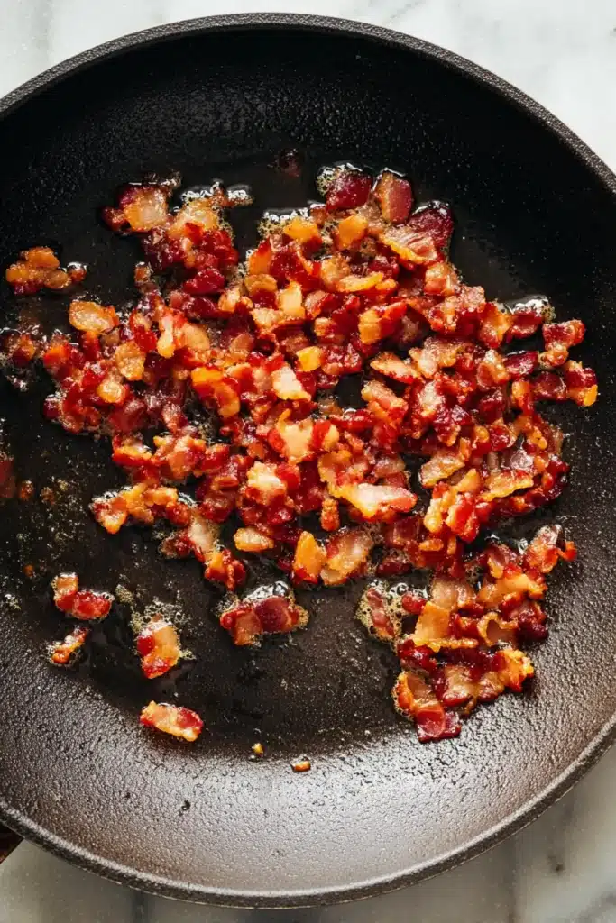 Dill Pickle Bacon Pasta Salad 2 Crispy bacon cooking for Dill Pickle Bacon Pasta Salad in a cast iron skillet