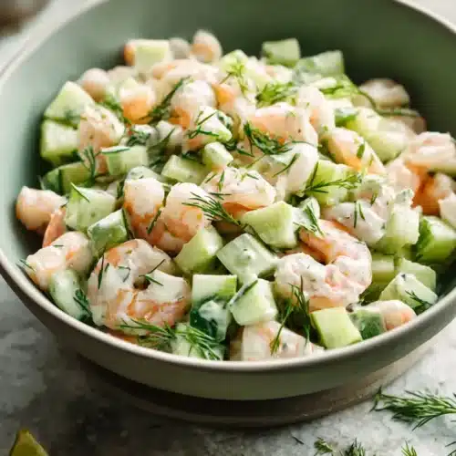 Cucumber Shrimp Salad 6 Cucumber shrimp salad with creamy lime dill dressing in a ceramic bowl