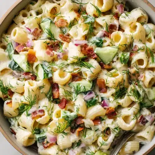 Dill Pickle Bacon Pasta Salad 5 Creamy Dill Pickle Bacon Pasta Salad with bacon, cucumbers, pickles, and fresh dill