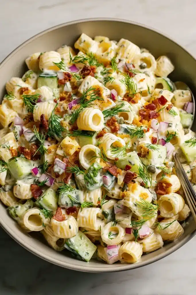 Dill Pickle Bacon Pasta Salad 4 Dill Pickle Bacon Pasta Salad with creamy dressing, crispy bacon, cucumbers, and fresh dill