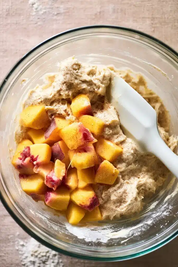 Easy Spiced Peach Bread batter with fresh diced peaches being folded in