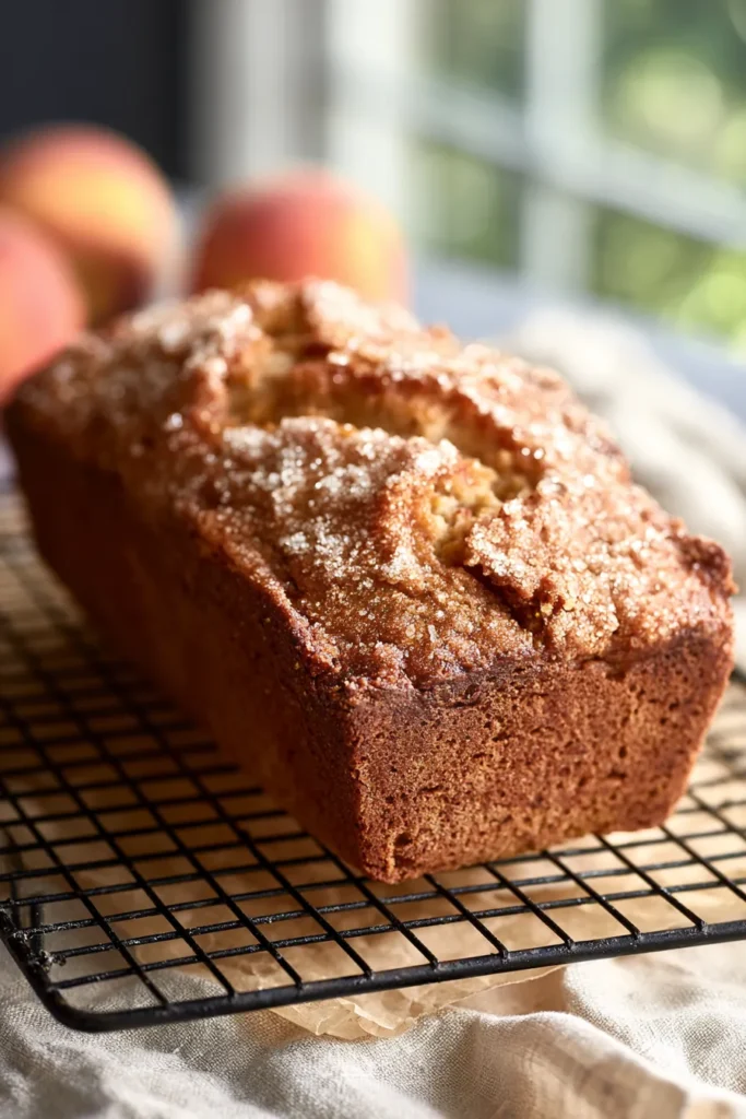 Easy Spiced Peach Bread loaf cooling on rack with crunchy sugar topping