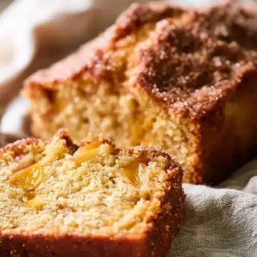Easy Spiced Peach Bread slices with juicy peaches and cinnamon spiced crumb