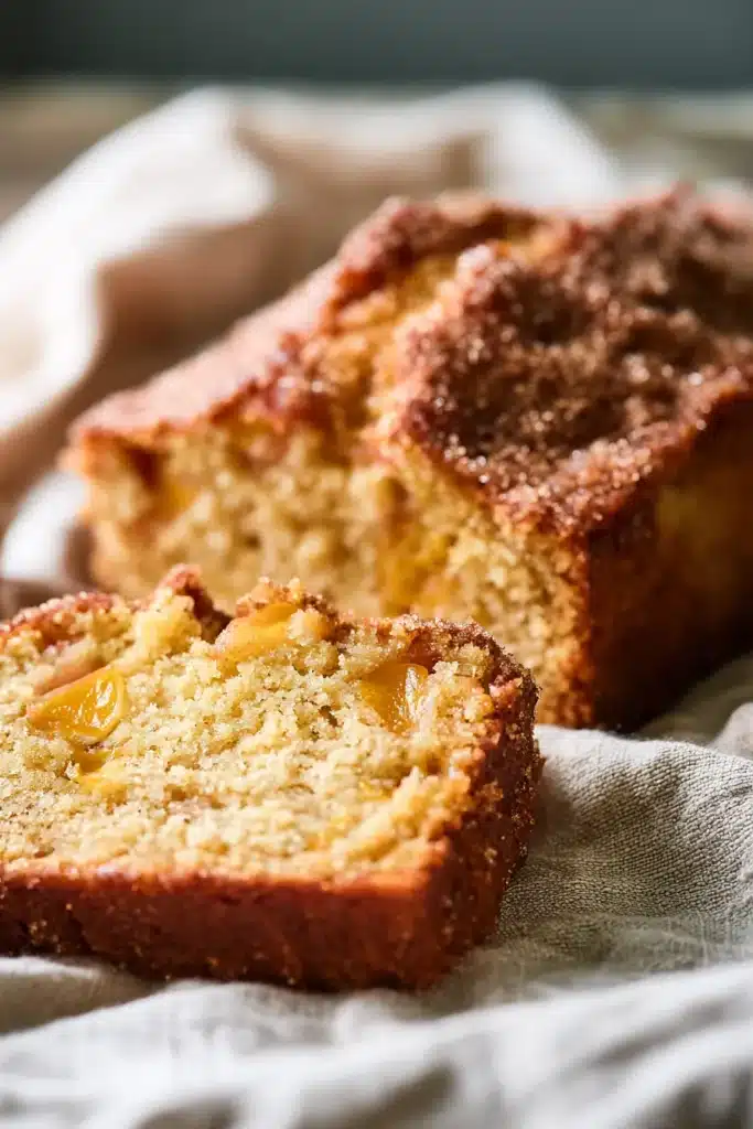 Easy Spiced Peach Bread slices with juicy peaches and cinnamon spiced crumb