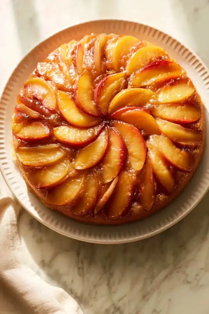 Bourbon Peach Upside Down Cake 5 Finished bourbon peach upside down cake with caramelized peaches