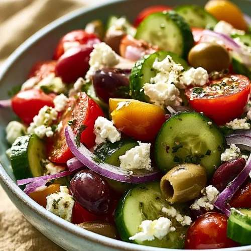 Greek Salad 3 Greek Salad with cucumbers, tomatoes, olives, feta cheese, and red onions