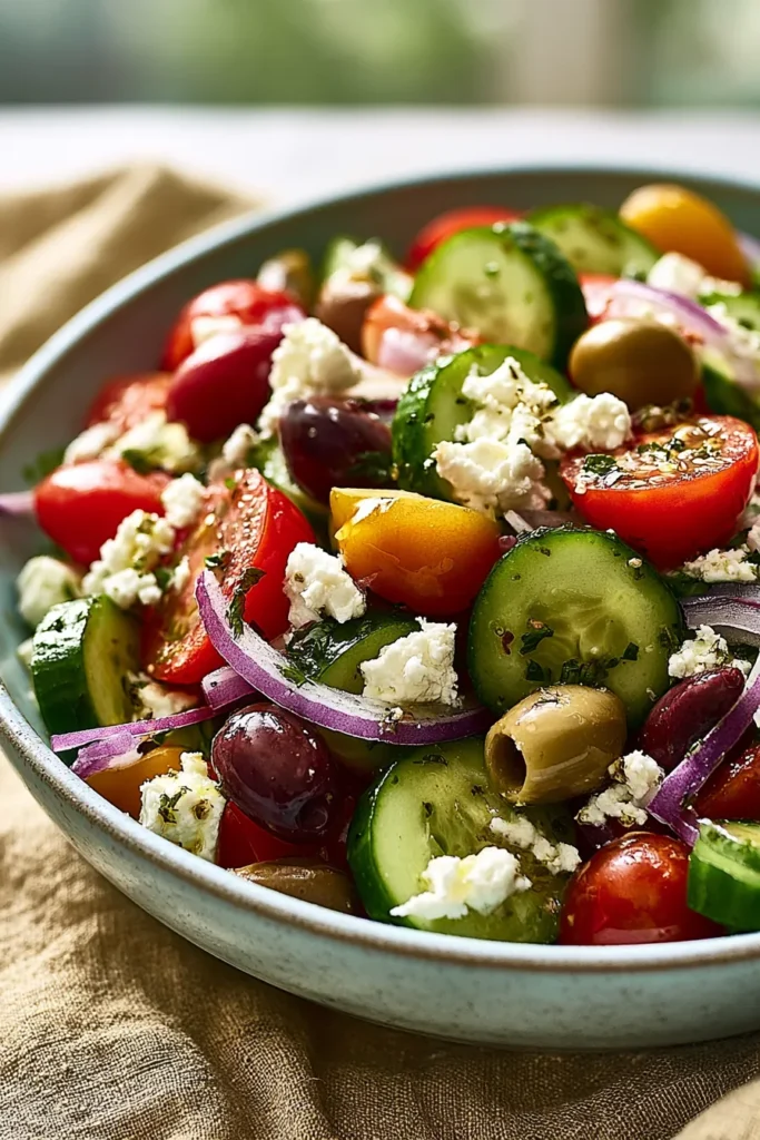 Greek Salad 1 Greek Salad with cucumbers, tomatoes, olives, feta cheese, and red onions