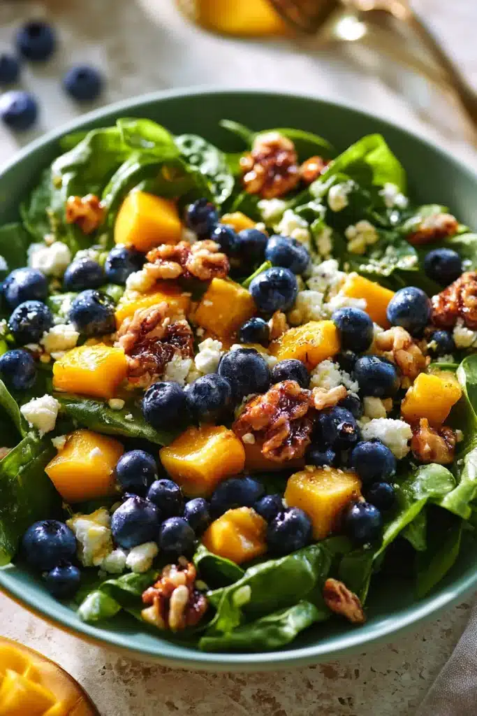 Mango Salad Recipe 2 Mango Salad with spinach, blueberries, feta, and walnuts