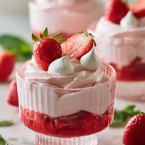 Fresh Strawberry Mousse 5 Fresh Strawberry Mousse in glass cups with strawberry puree and berries