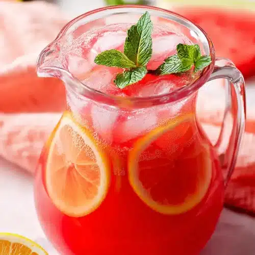Watermelon lemonade in a pitcher with lemon slices, mint, and ice