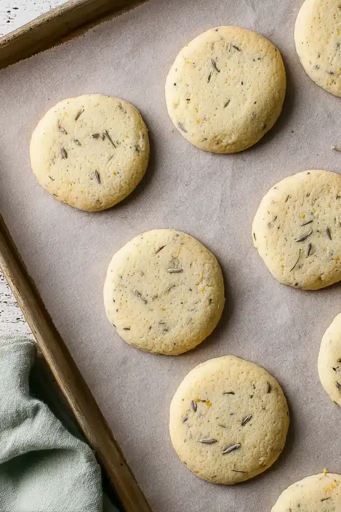 Lemon Lavender Cookies cooling on a baking sheet after baking