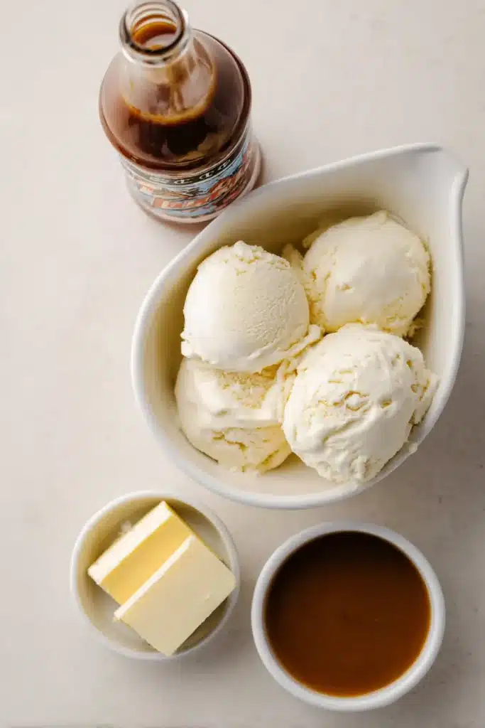 Frozen Butterbeer ingredients with ice cream, cream soda, butter, and butterscotch sauce