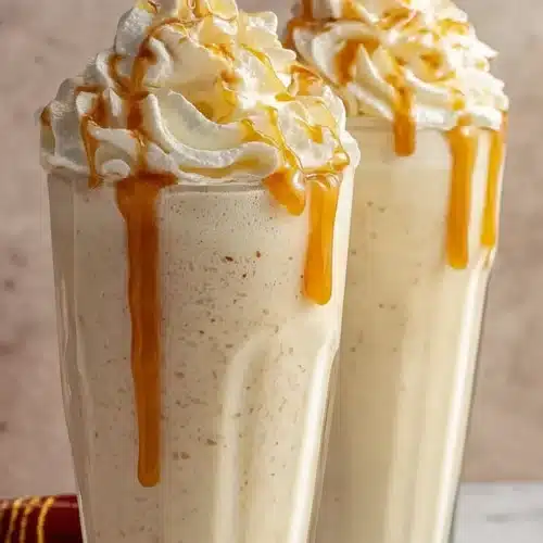 Frozen Butterbeer topped with whipped cream and butterscotch drizzle in tall glasses