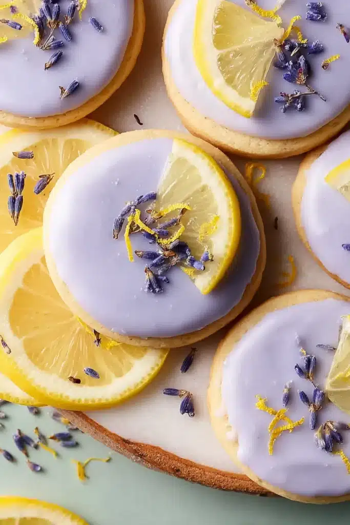 Lemon Lavender Cookies with lavender glaze, lemon zest, and fresh lavender garnish