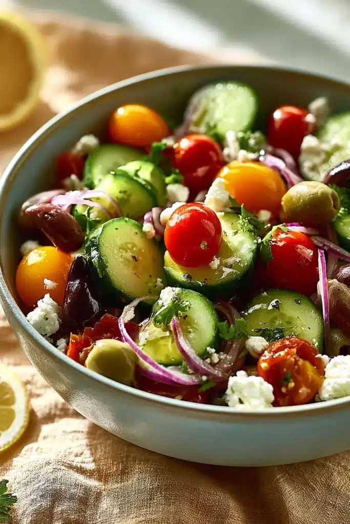 Greek Salad 2 Greek Salad with cucumbers, tomatoes, olives, feta cheese, and red onion