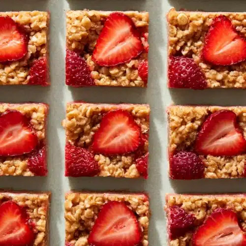 Healthy Strawberry Oatmeal Bars 6 Healthy strawberry oatmeal bars topped with fresh strawberry slices in a neat grid