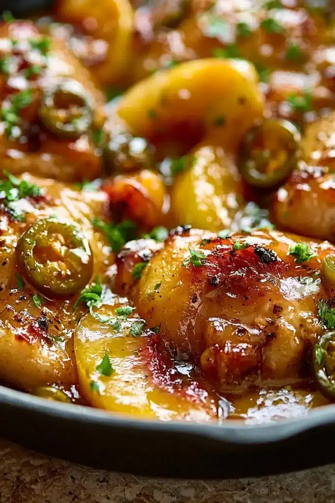 Close up of Jalapeno Peach Chicken with peach glaze and jalapeños