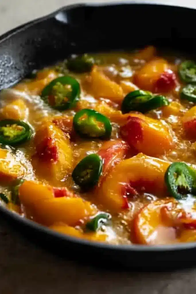 Jalapeno Peach Chicken peach glaze simmering with peaches and jalapeños