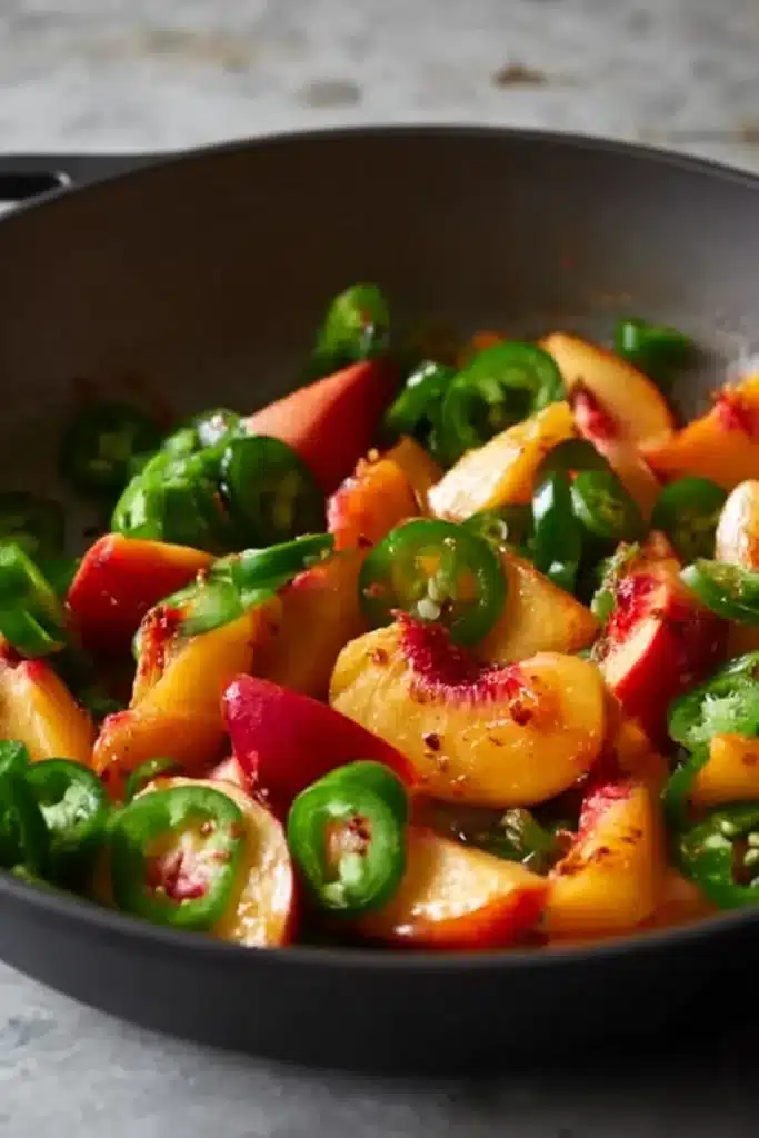 Jalapeno Peach Chicken peaches and jalapeños cooking in a skillet