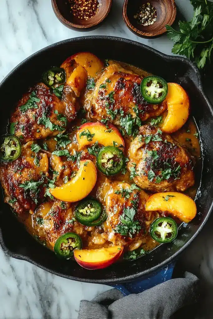 Jalapeno Peach Chicken with seared thighs, peaches, and jalapeños