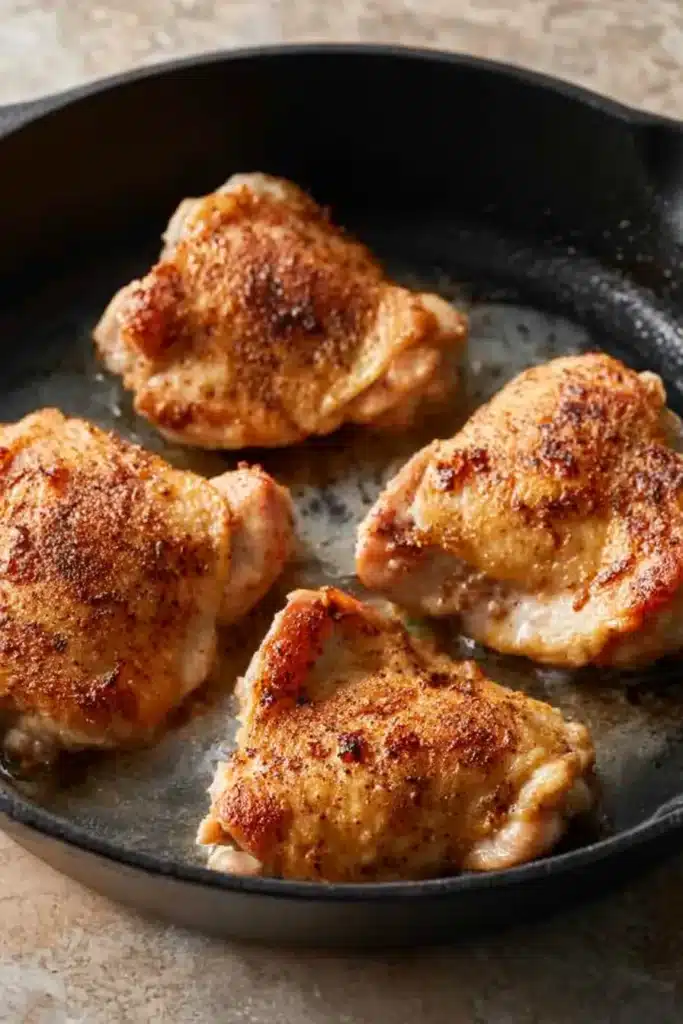 Jalapeno Peach Chicken thighs searing in a skillet before peach glaze