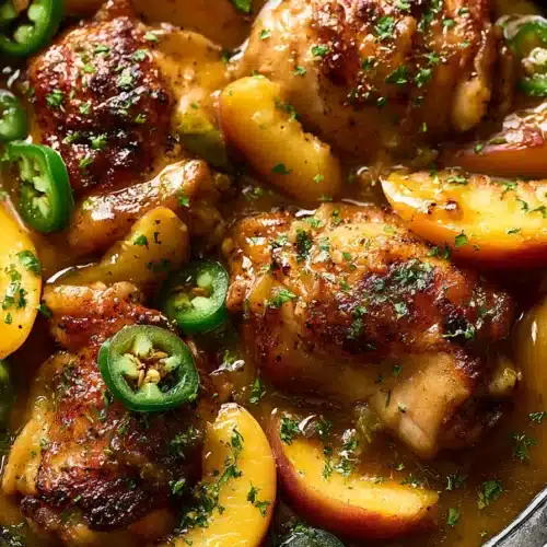 Jalapeno Peach Chicken skillet with peach slices, jalapeños, and glossy peach glaze