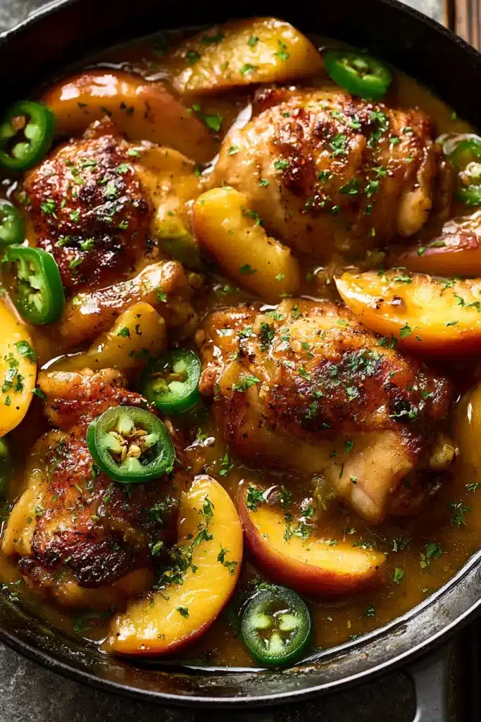 Jalapeno Peach Chicken skillet with peach slices, jalapeños, and glossy peach glaze