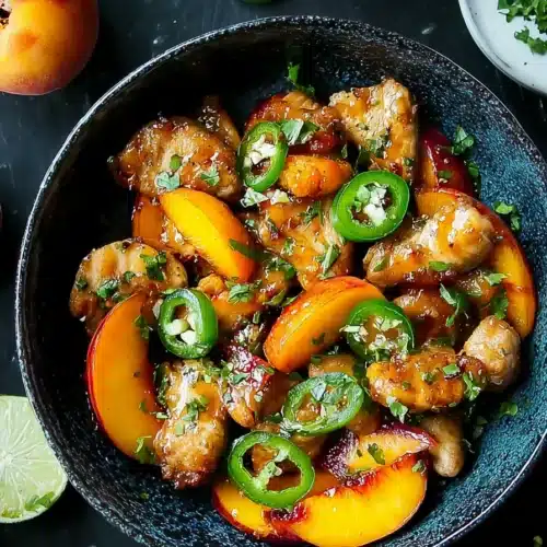 Jalapeno Peach Chicken with fresh peaches and jalapeños in peach glaze