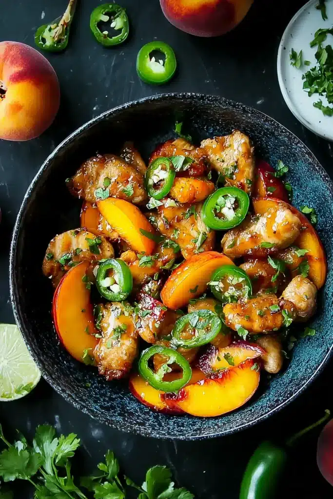 Jalapeno Peach Chicken with fresh peaches and jalapeños in peach glaze