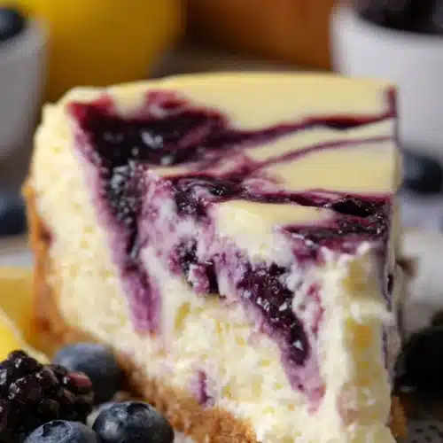 Lemon Blueberry Cheesecake 4 Lemon blueberry cheesecake slice with creamy filling and blueberry swirls