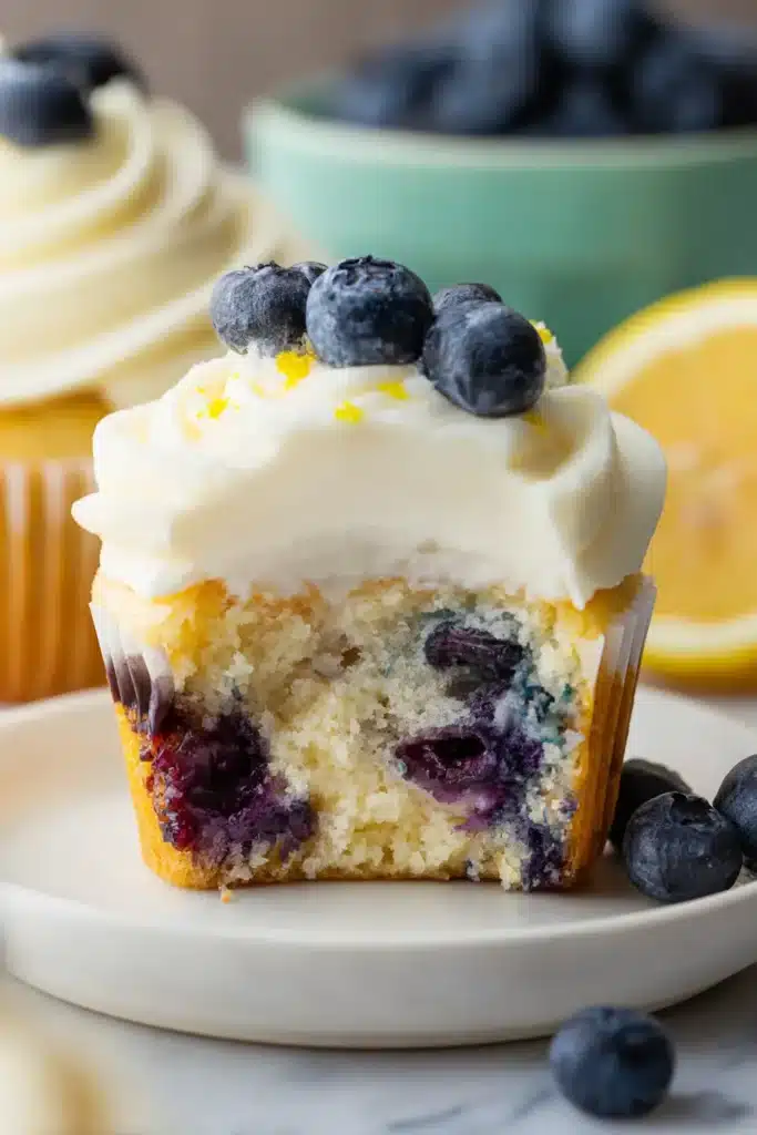Lemon Blueberry Cupcakes 4 Lemon Blueberry Cupcakes with creamy frosting and juicy blueberry crumb