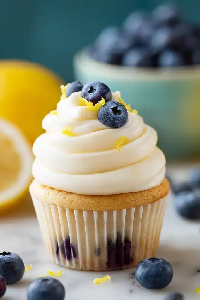 Lemon Blueberry Cupcakes 1 Lemon blueberry cupcake with cream cheese frosting and fresh blueberries