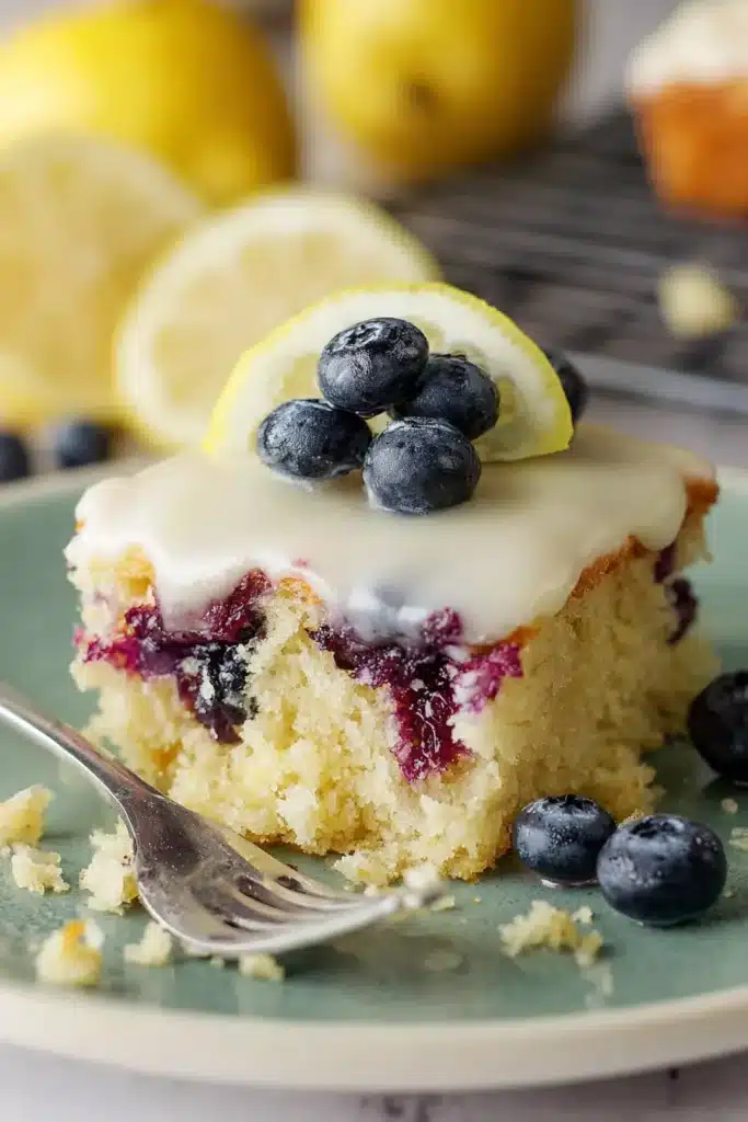 Lemon Blueberry Sheet Cake slice showing moist crumb and juicy blueberry filling