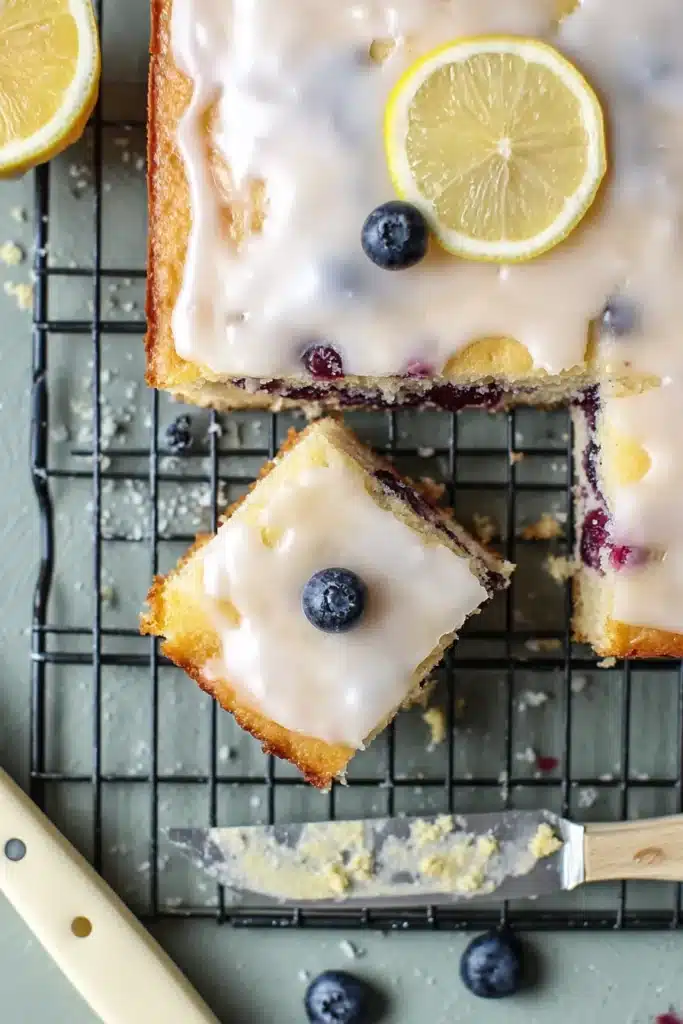 Lemon Blueberry Sheet Cake with lemon glaze cooling on a wire rack