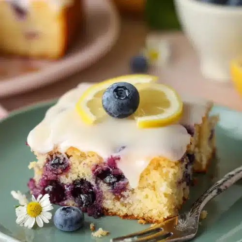 Lemon Blueberry Sheet Cake with lemon glaze and fresh blueberry garnish