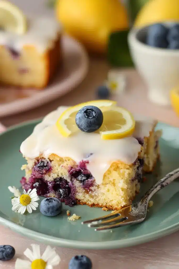 Lemon Blueberry Sheet Cake with lemon glaze and fresh blueberry garnish