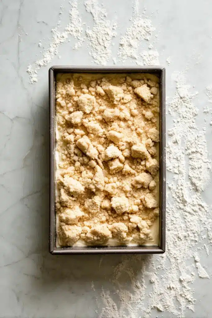 Lemon Cream Cheese Dump Cake with crumb topping before baking