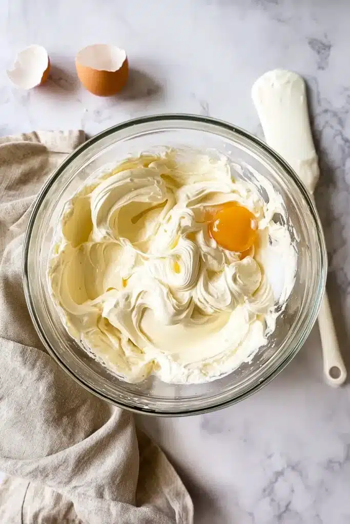 Lemon Cream Cheese Dump Cake cream cheese filling being whisked smooth