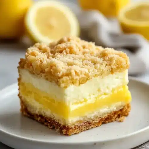 Lemon cream cheese dump cake with creamy layers and golden crumb topping