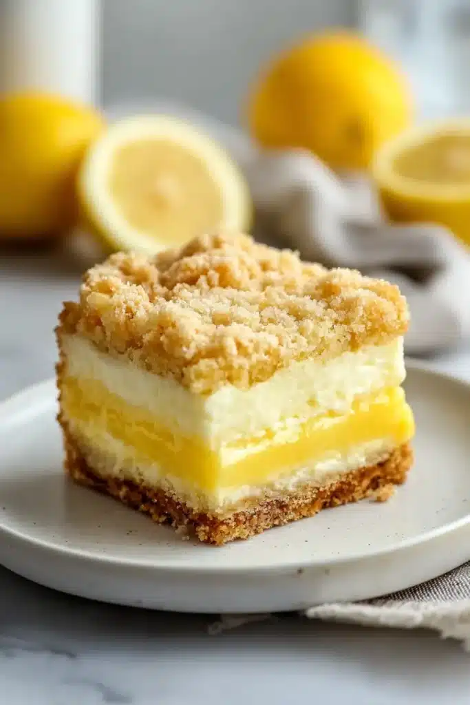 Lemon cream cheese dump cake with creamy layers and golden crumb topping