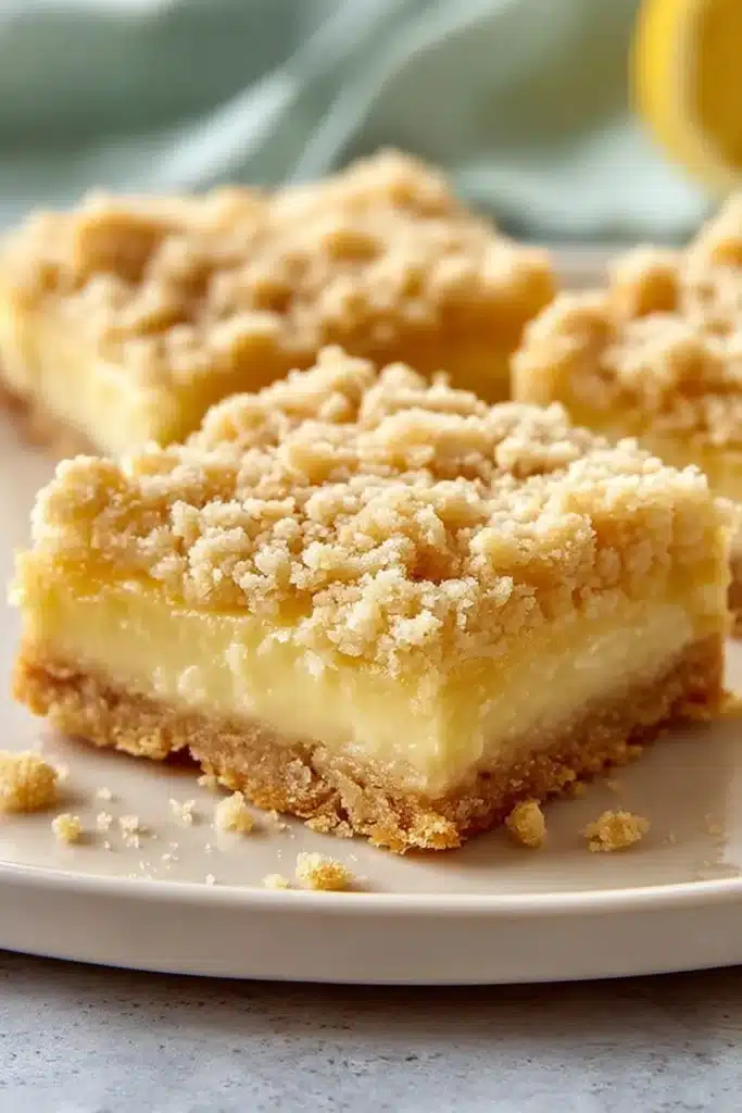 Lemon Crumb Bars 2 Lemon Crumb Bars close up showing creamy lemon filling and crisp crumb topping