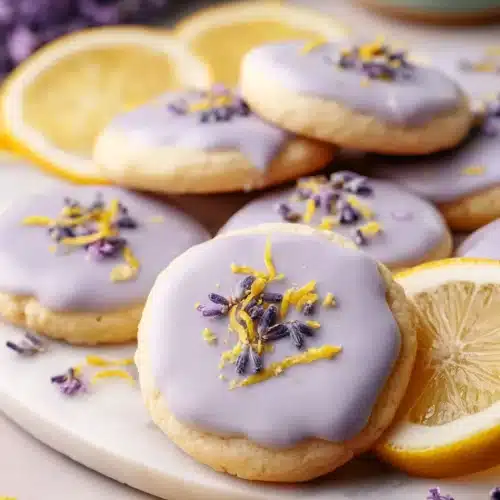 Lemon lavender cookies with pastel glaze, fresh lemon slices, and lavender flowers