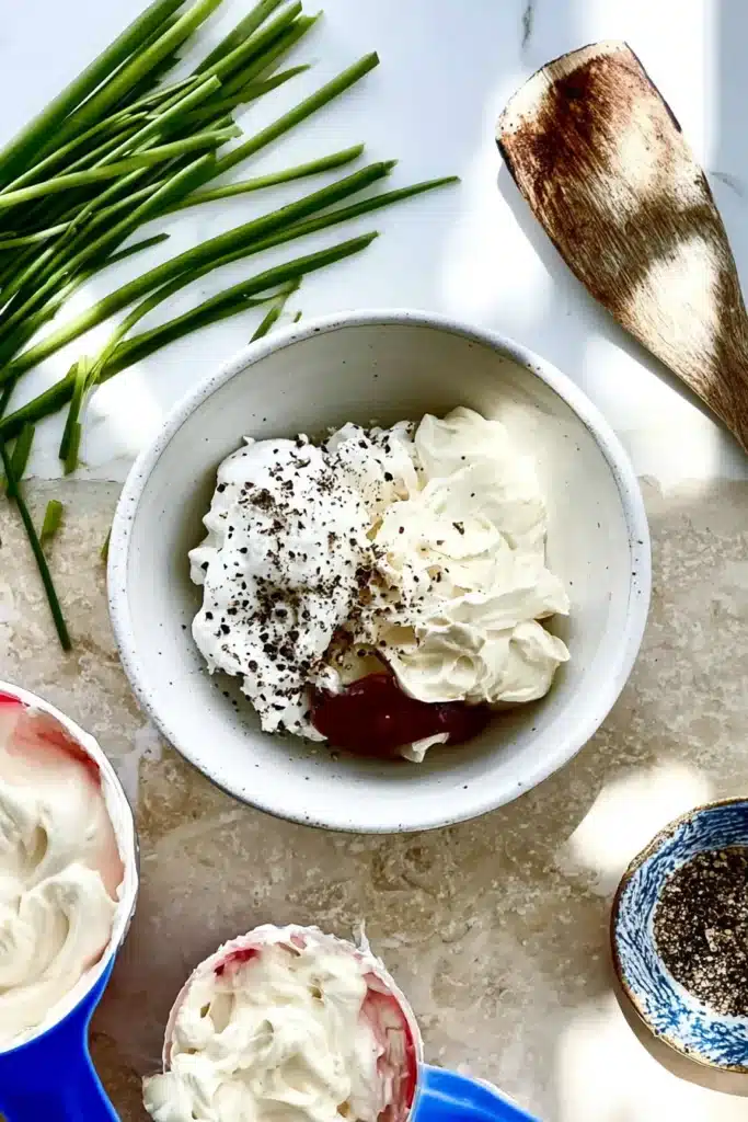 Loaded Baked Potato Salad dressing with mayonnaise, sour cream, green onions, and black pepper