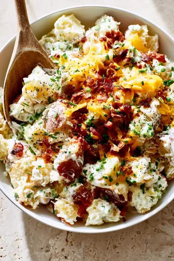 Loaded Baked Potato Salad mixed with bacon, cheddar cheese, green onions, and creamy dressing