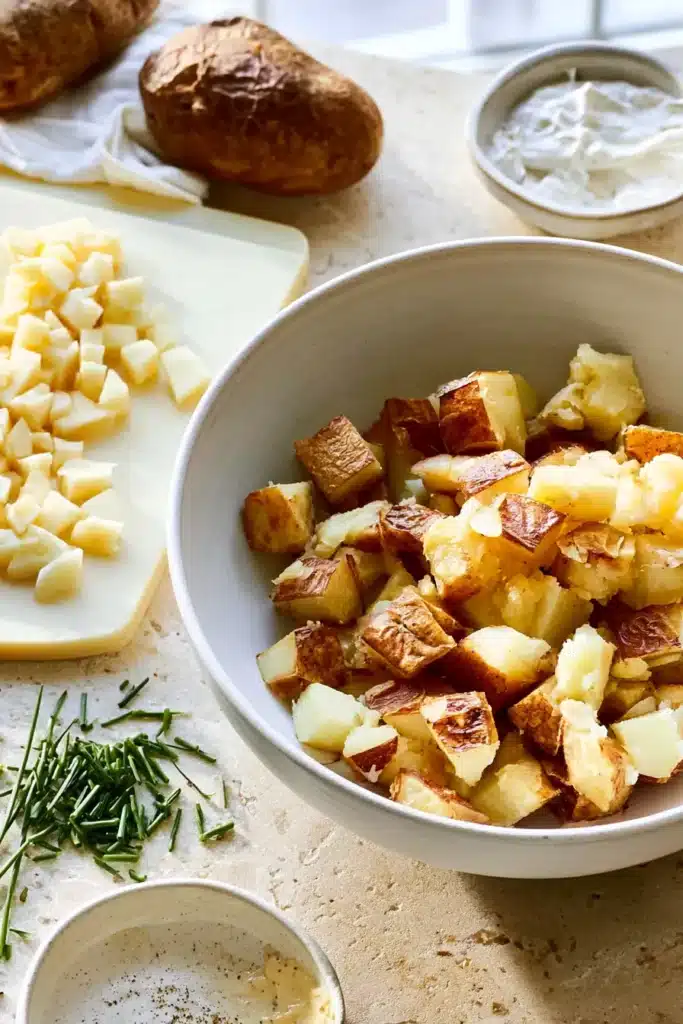 Loaded Baked Potato Salad ingredients with baked potatoes prepared for mixing