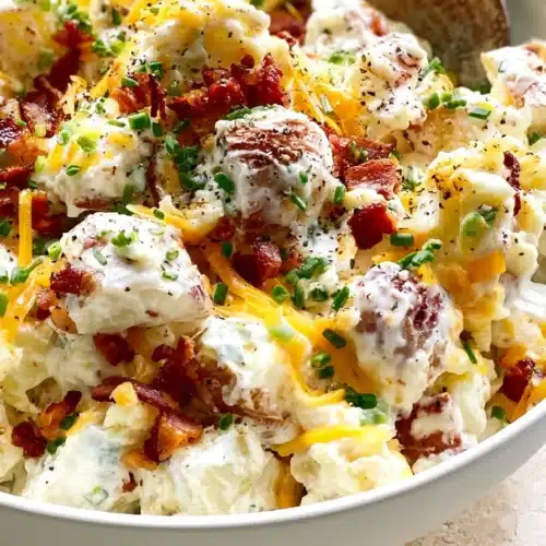Loaded baked potato salad with bacon, cheddar cheese, green onions, and creamy dressing