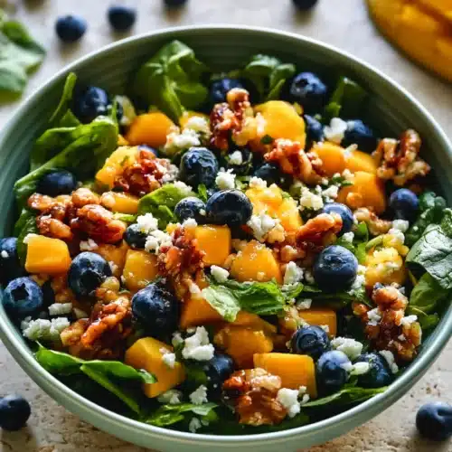 Mango Salad Recipe 3 Mango Salad ingredients with spinach, blueberries, feta, and walnuts