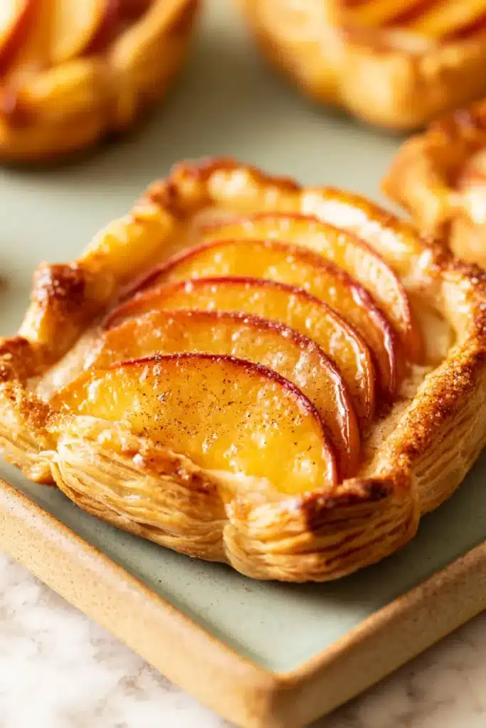 Mini Peach and Cream Cheese Tarts 1 Mini peach and cream cheese tarts with flaky pastry and fresh peaches